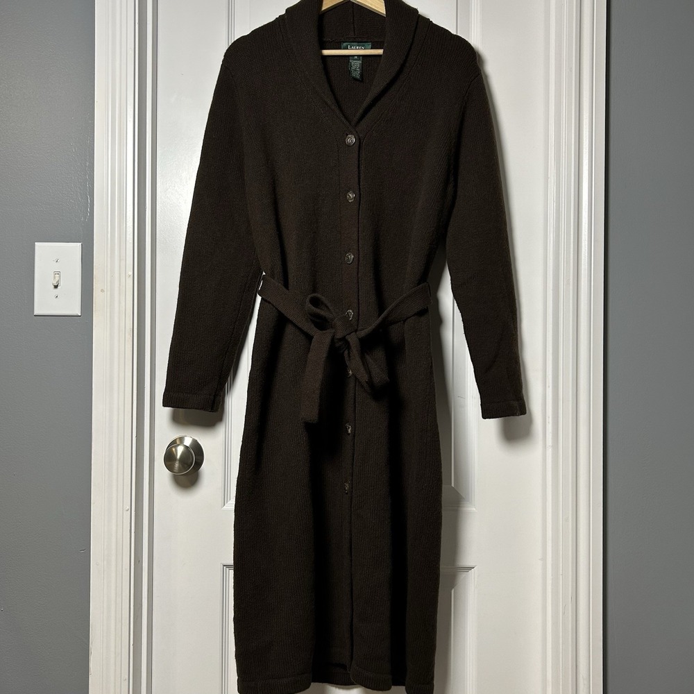 Lauren Ralph Lauren Vintage 100% Lambswool Brown Button Front Knit Sweater Dress